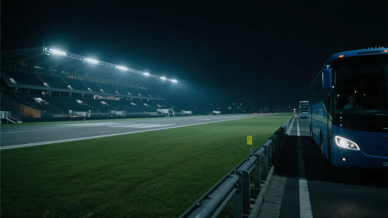 跨城市旅行的球队大巴与球场夜景对比，表现世界杯长战线与疲劳管理