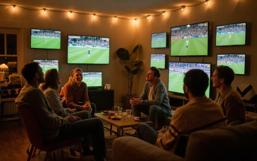 室内观赛派对，多屏直播与朋友互动，温暖灯光氛围